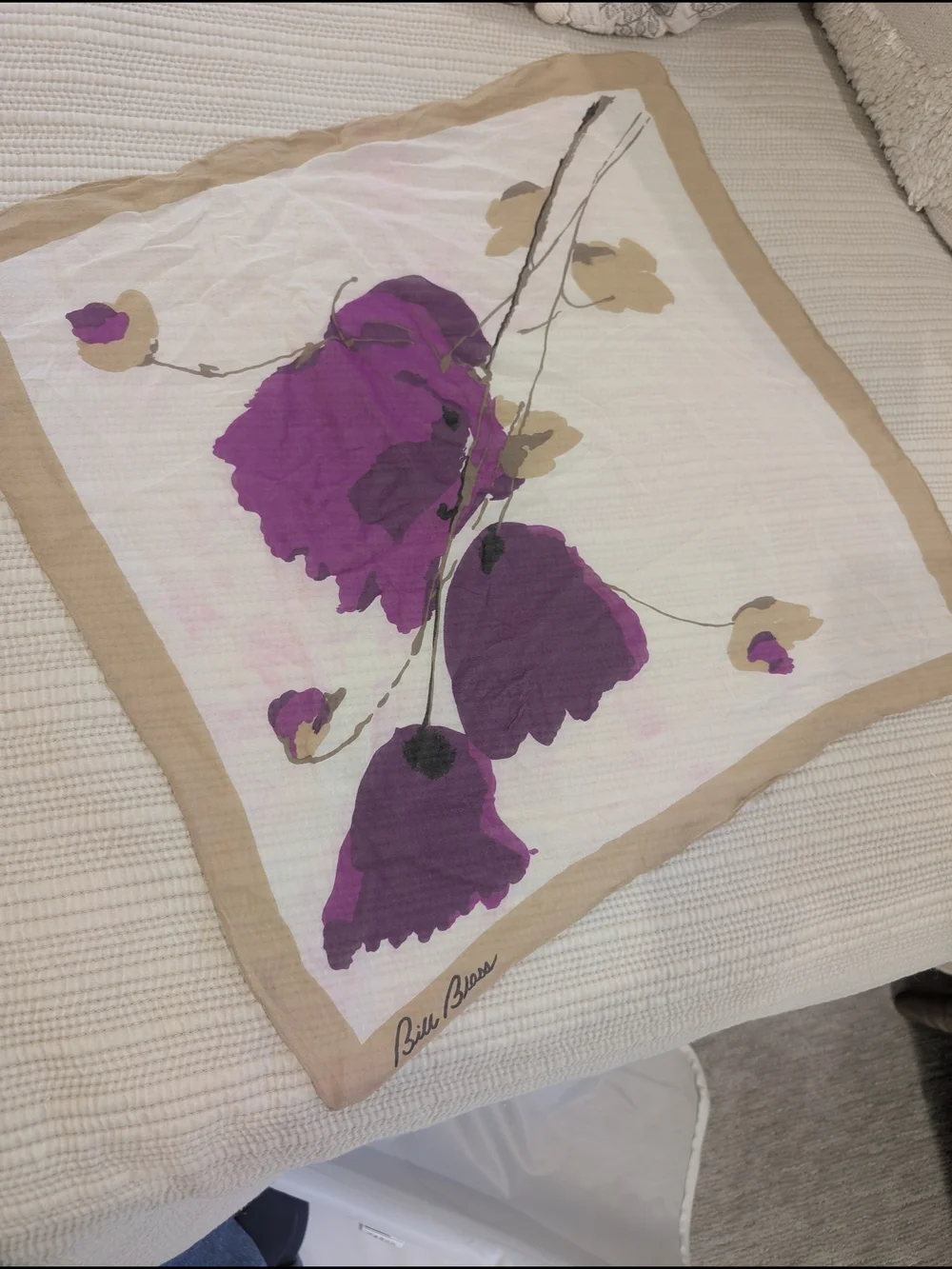 Vintage Bill Blass Floral Silk Square Scarf in Purple and Cream
